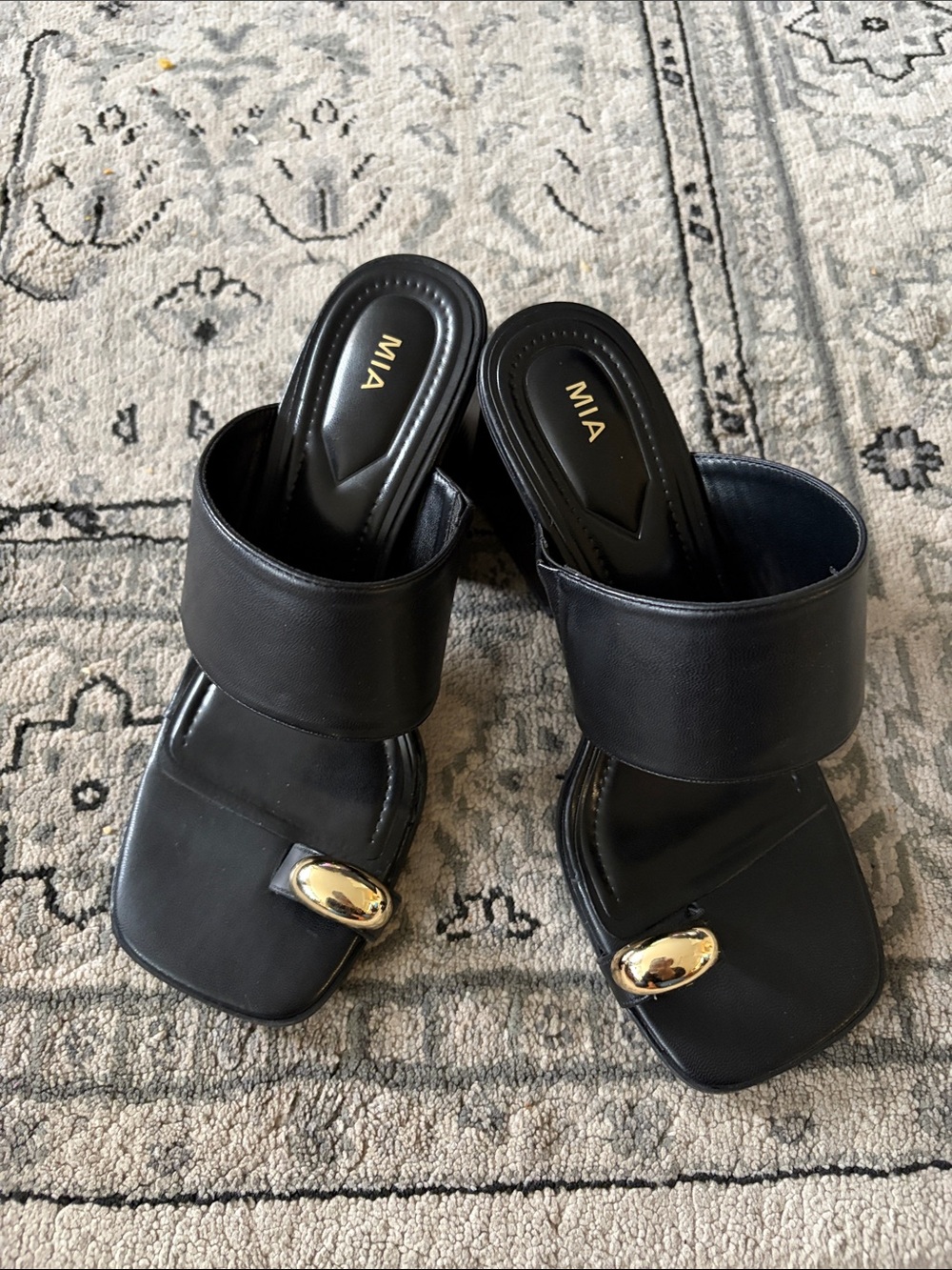 MIA Black Slide Mules with Gold Accent Hardware